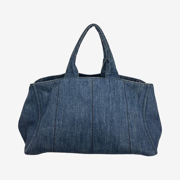 Prada Canapa Denim Logo Tote Bag Blue XL Large Top Handle Milano Italy - Picture 6 of 16